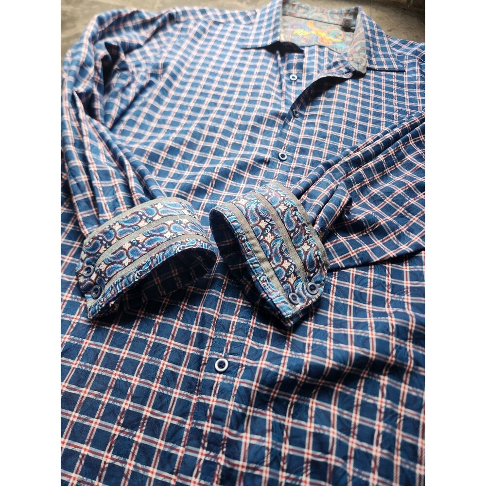 Robert Graham Shirt Button Up Paisley On Plaid Roll Over Cuff Knowledge Red Blue - Picture 11 of 16